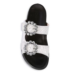 New Schutz Ariel Crystal Embellished Leather Snakeskin Embossed Slide Sandal